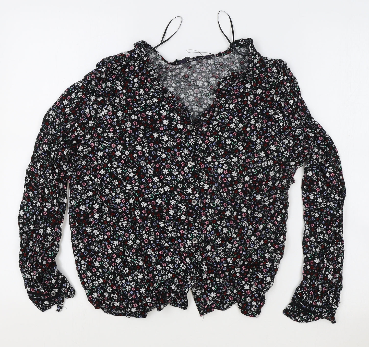 Marks and Spencer Womens Black Floral Viscose Basic Blouse Size 12 Collared