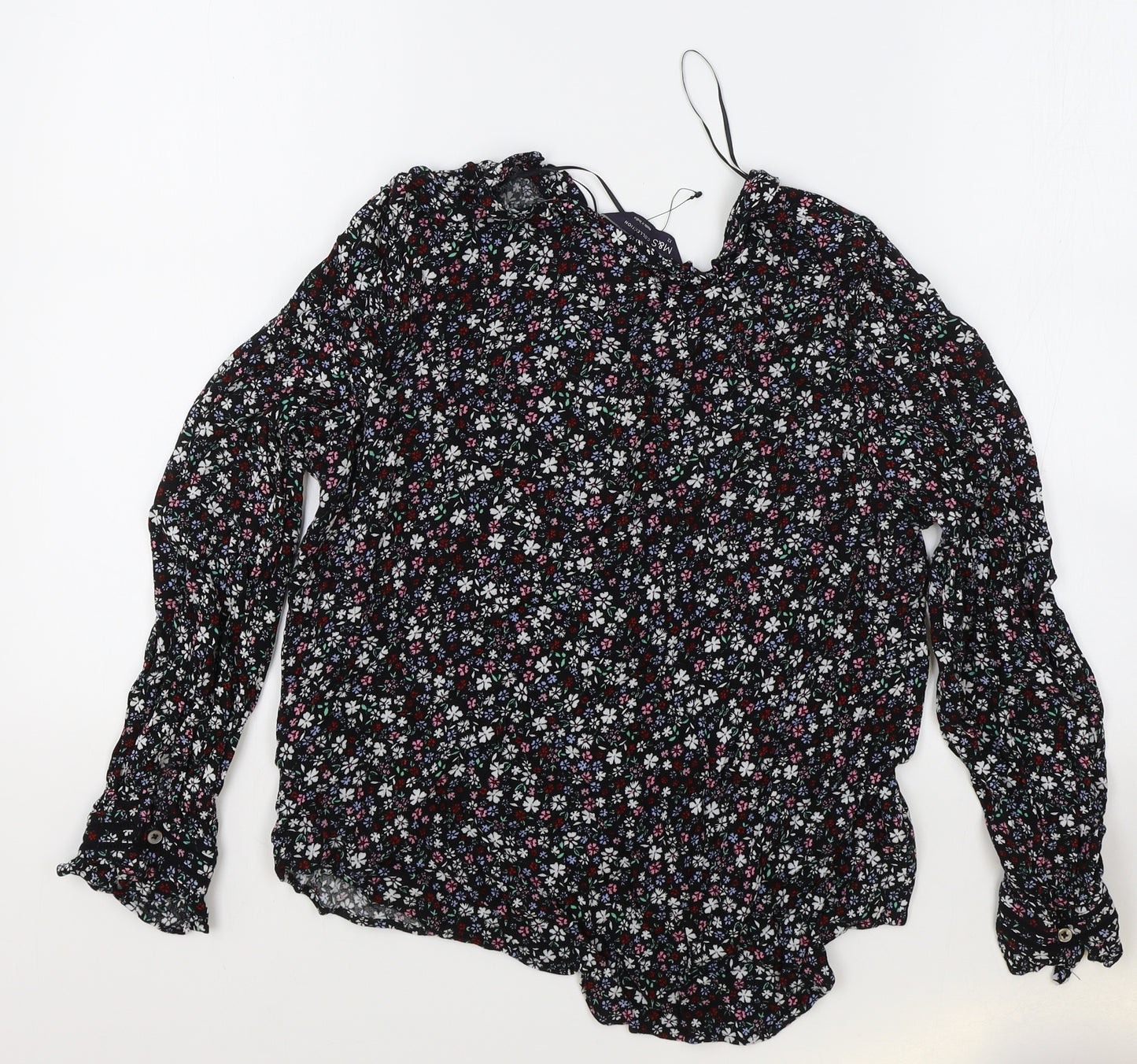 Marks and Spencer Womens Black Floral Viscose Basic Blouse Size 12 Collared