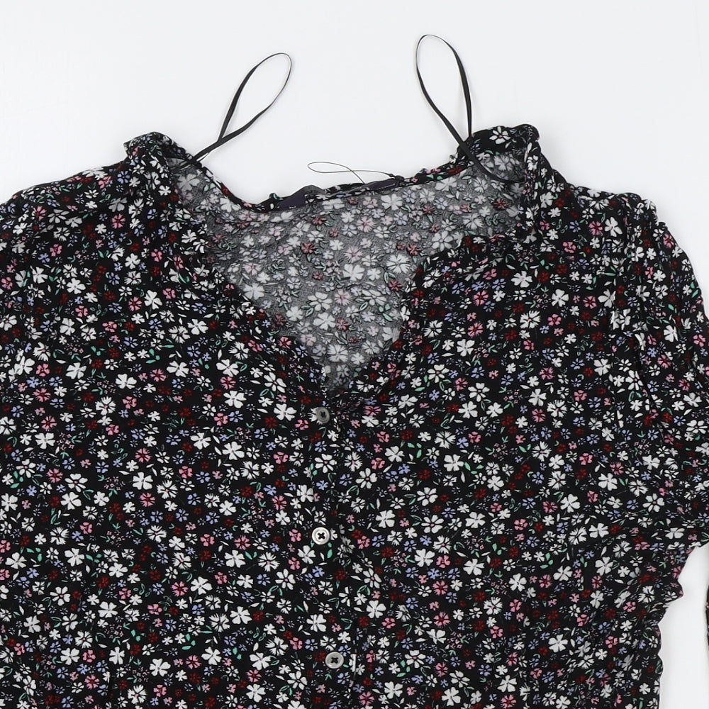 Marks and Spencer Womens Black Floral Viscose Basic Blouse Size 12 Collared
