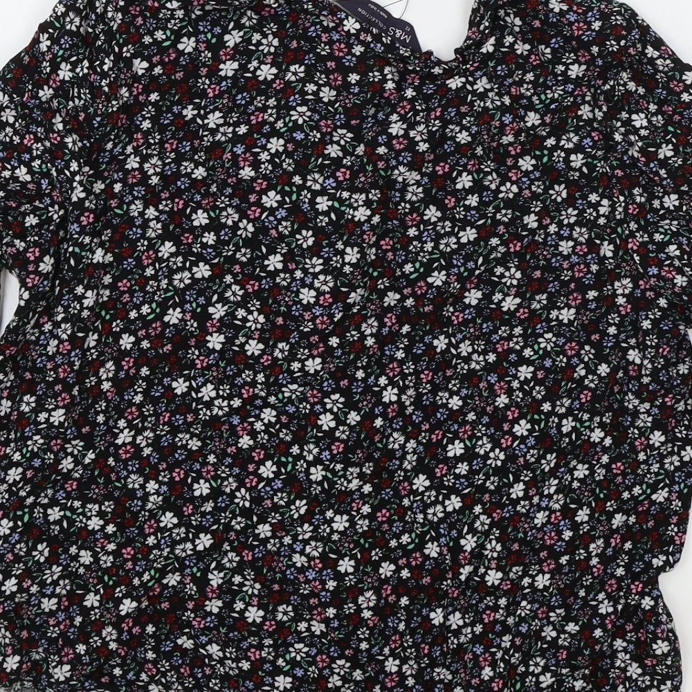 Marks and Spencer Womens Black Floral Viscose Basic Blouse Size 12 Collared