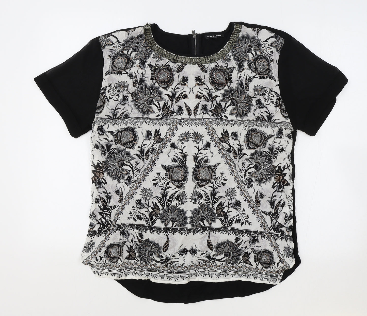 Warehouse Womens Black Geometric Polyester Basic Blouse Size 16 Round Neck