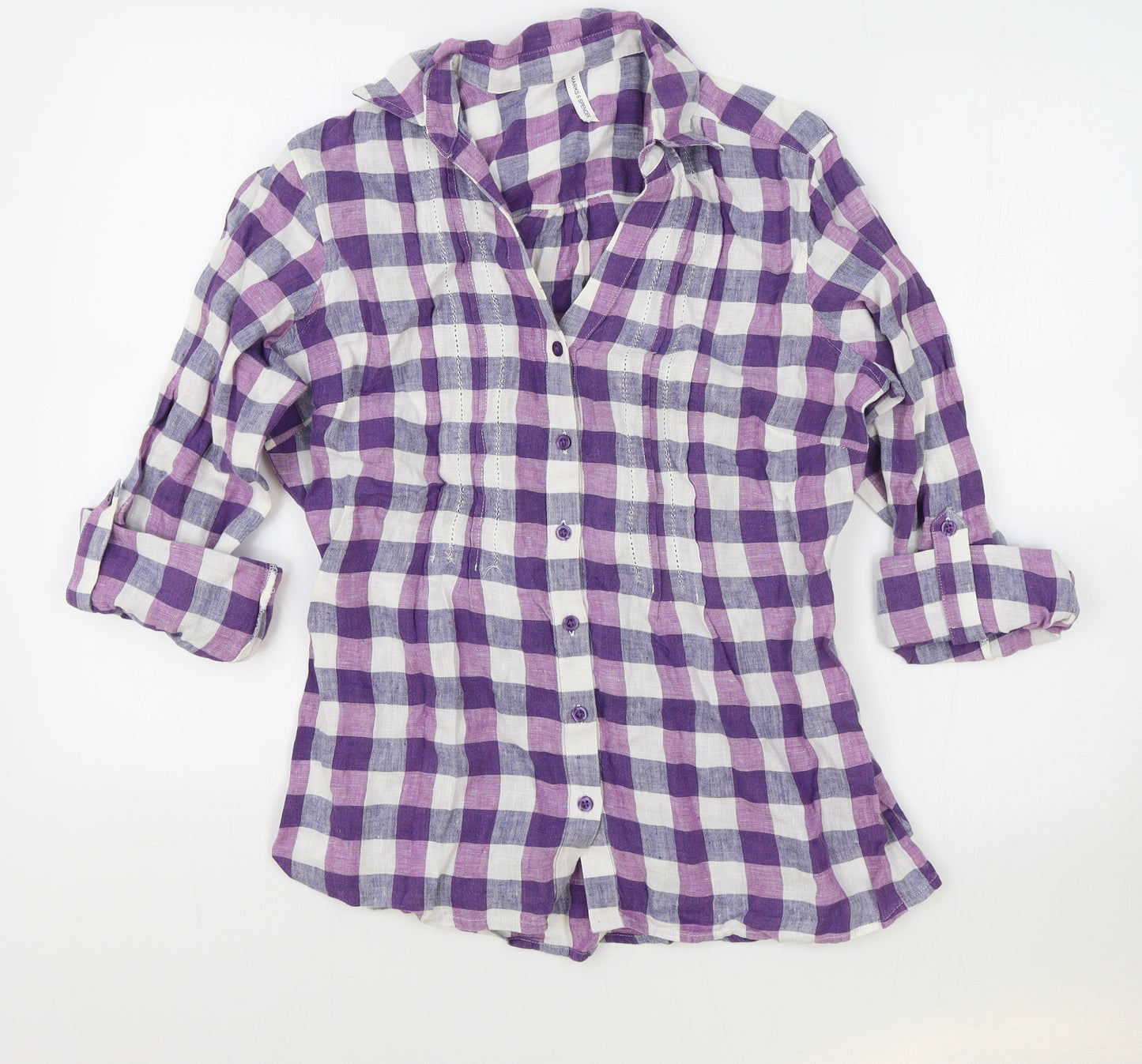 Marks and Spencer Womens Purple Plaid Linen Basic Button-Up Size 14 Collared