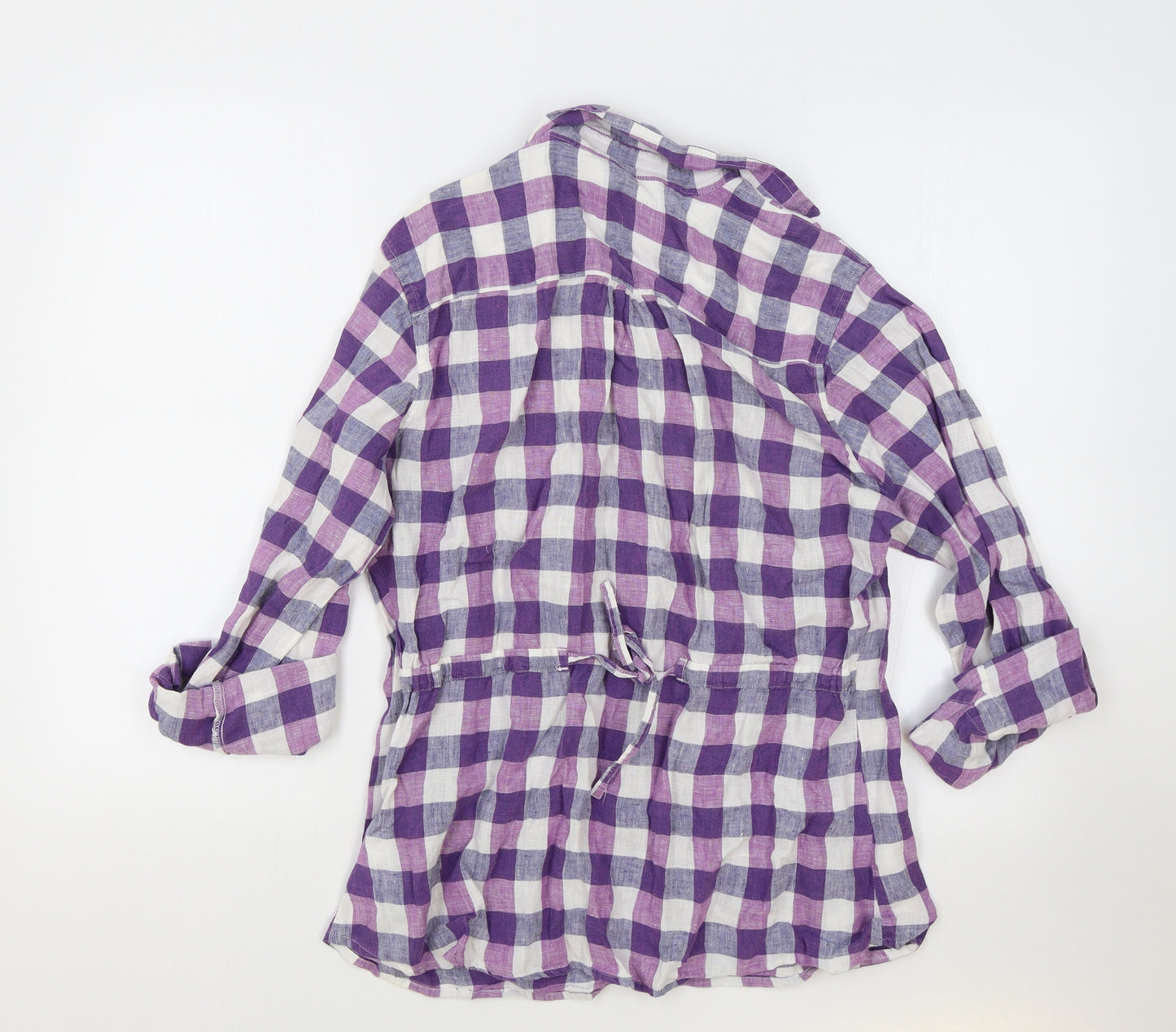 Marks and Spencer Womens Purple Plaid Linen Basic Button-Up Size 14 Collared