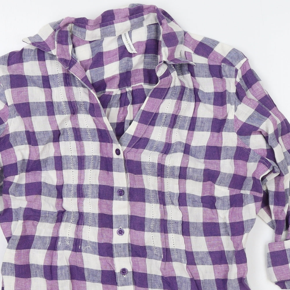 Marks and Spencer Womens Purple Plaid Linen Basic Button-Up Size 14 Collared