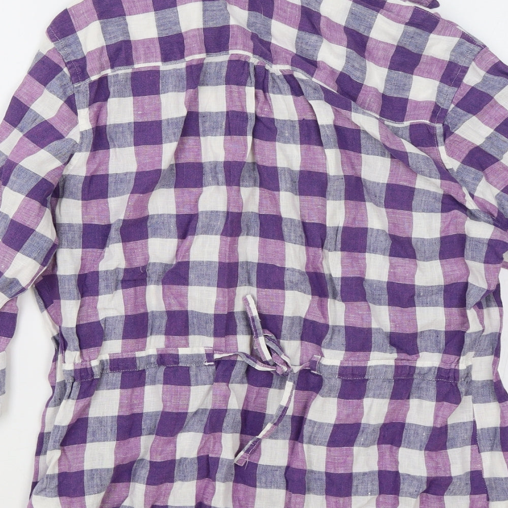 Marks and Spencer Womens Purple Plaid Linen Basic Button-Up Size 14 Collared