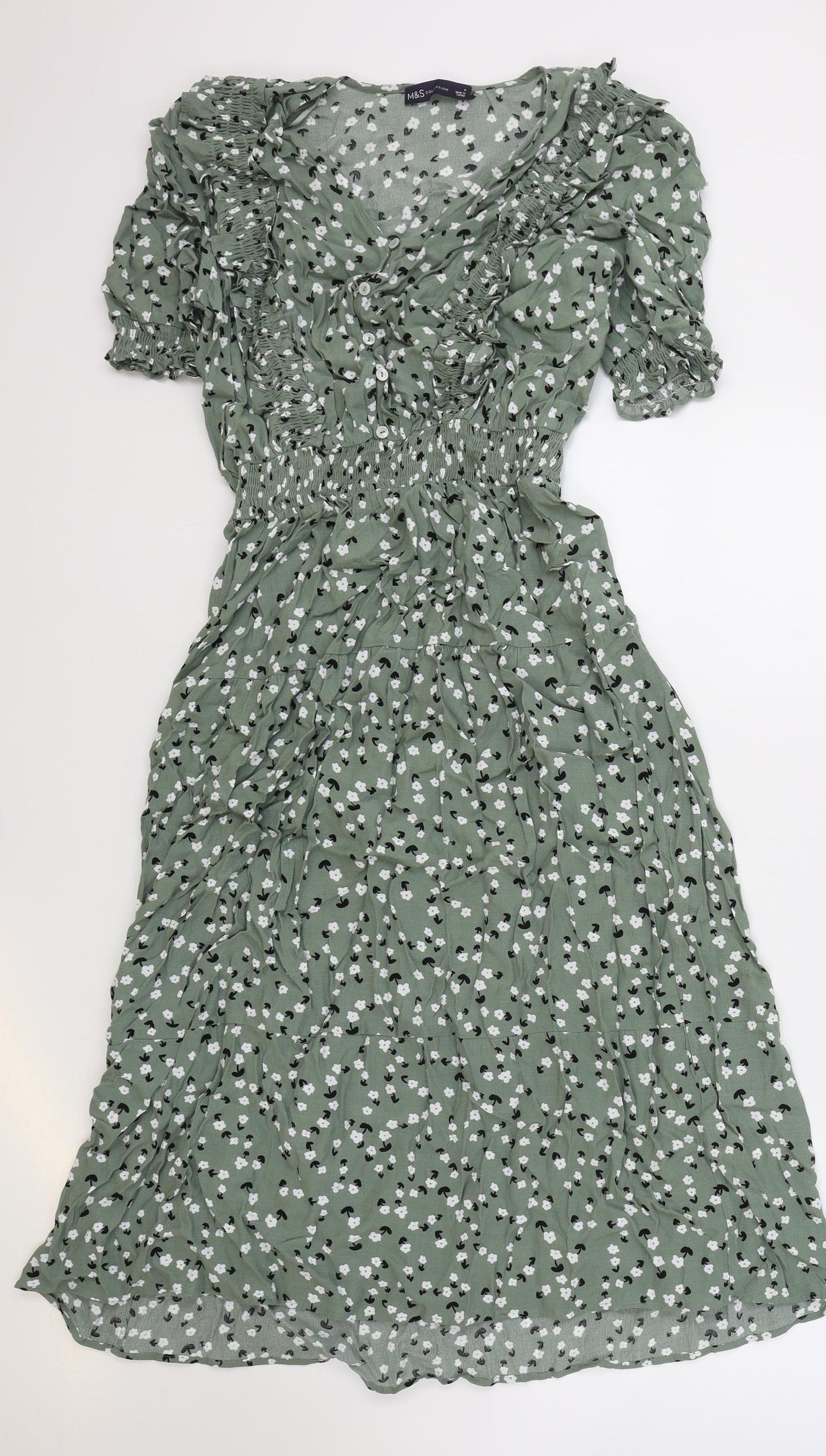 Marks and Spencer Womens Green Floral Viscose Fit & Flare Size 8 V-Neck Button