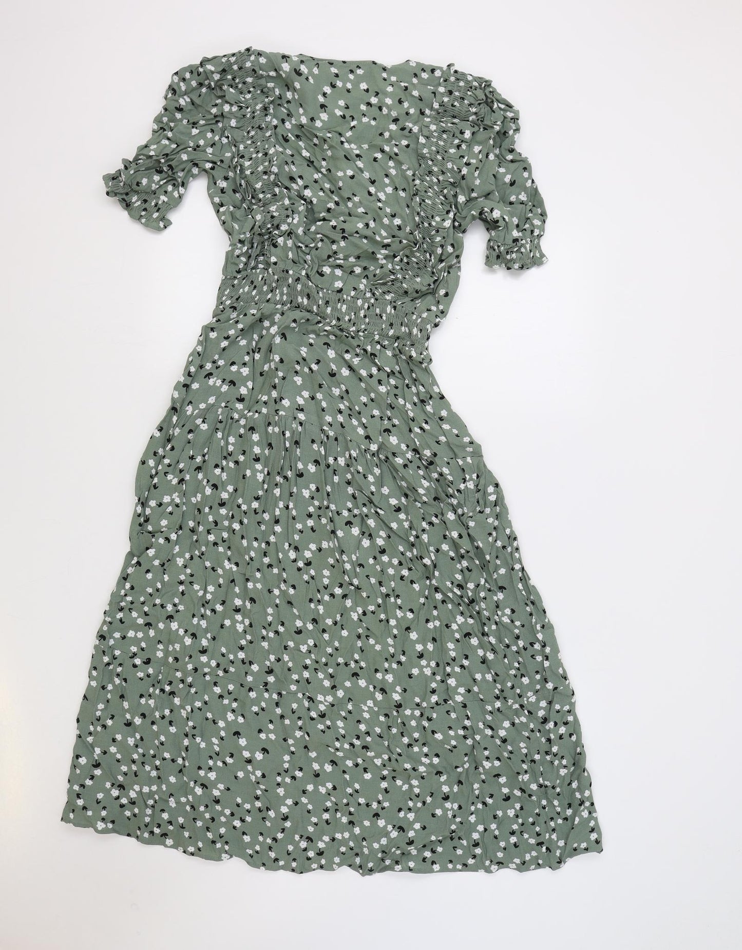 Marks and Spencer Womens Green Floral Viscose Fit & Flare Size 8 V-Neck Button