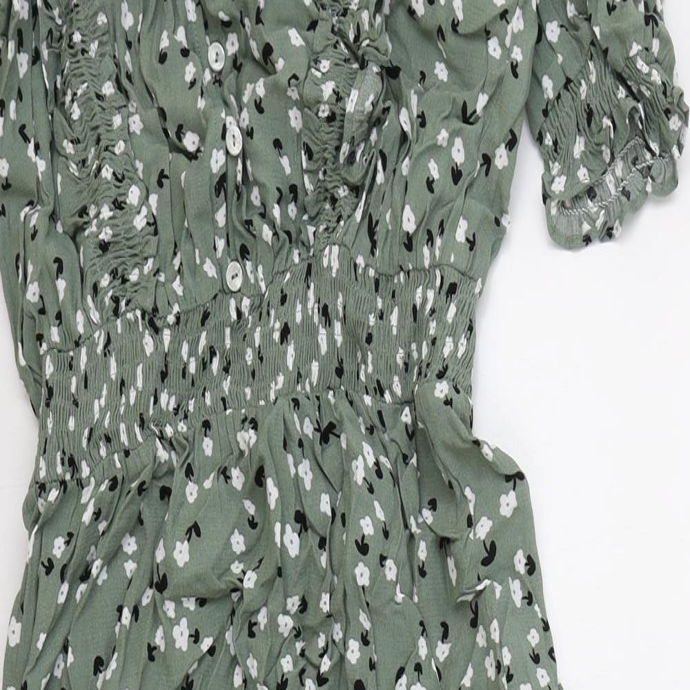 Marks and Spencer Womens Green Floral Viscose Fit & Flare Size 8 V-Neck Button