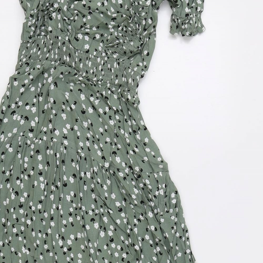 Marks and Spencer Womens Green Floral Viscose Fit & Flare Size 8 V-Neck Button
