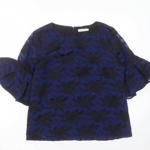 Finery Womens Blue Floral Polyester Basic Blouse Size 10 Crew Neck