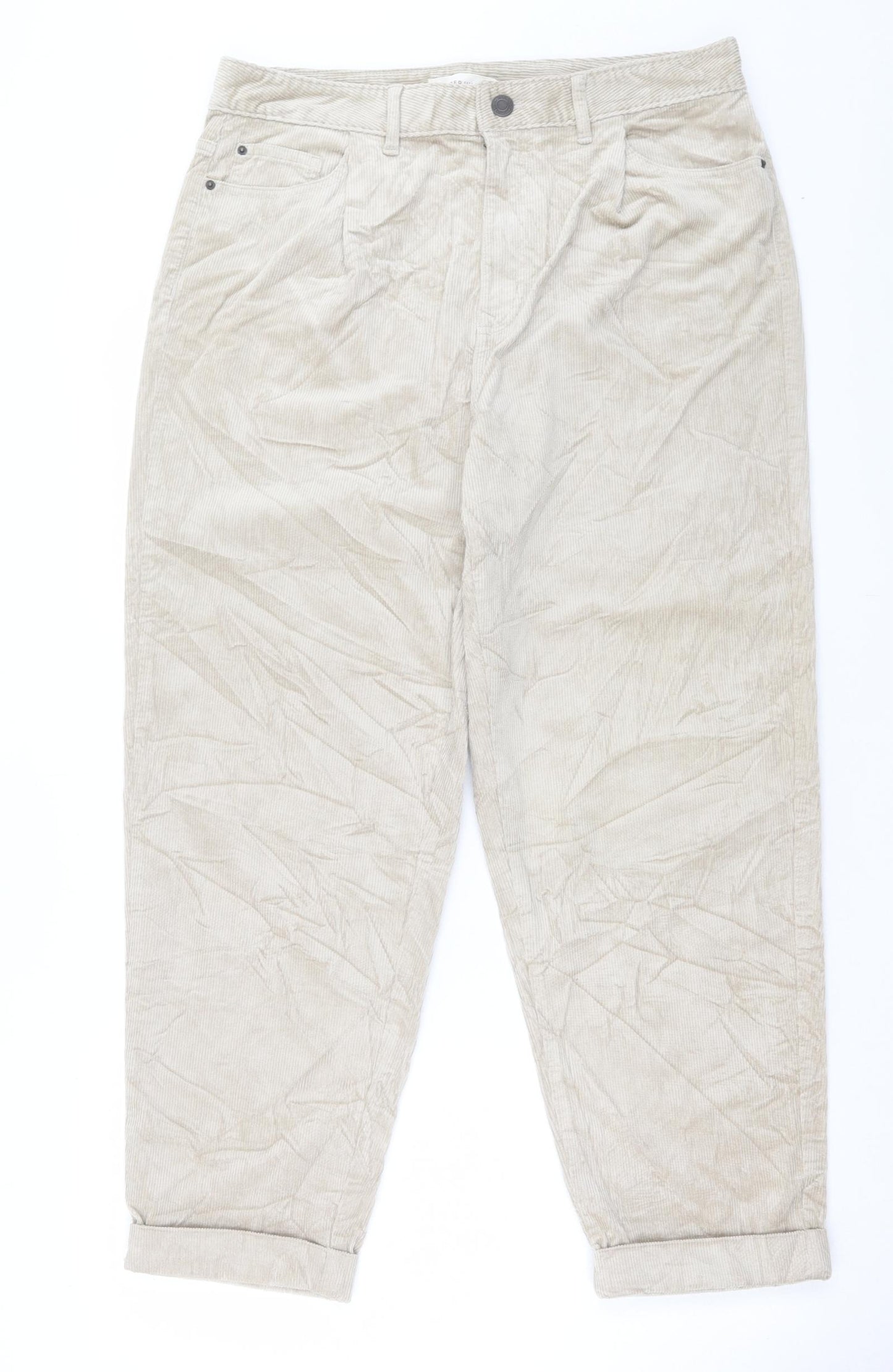 Per Una Womens Beige Cotton Trousers Size 14 L28 in Regular Button