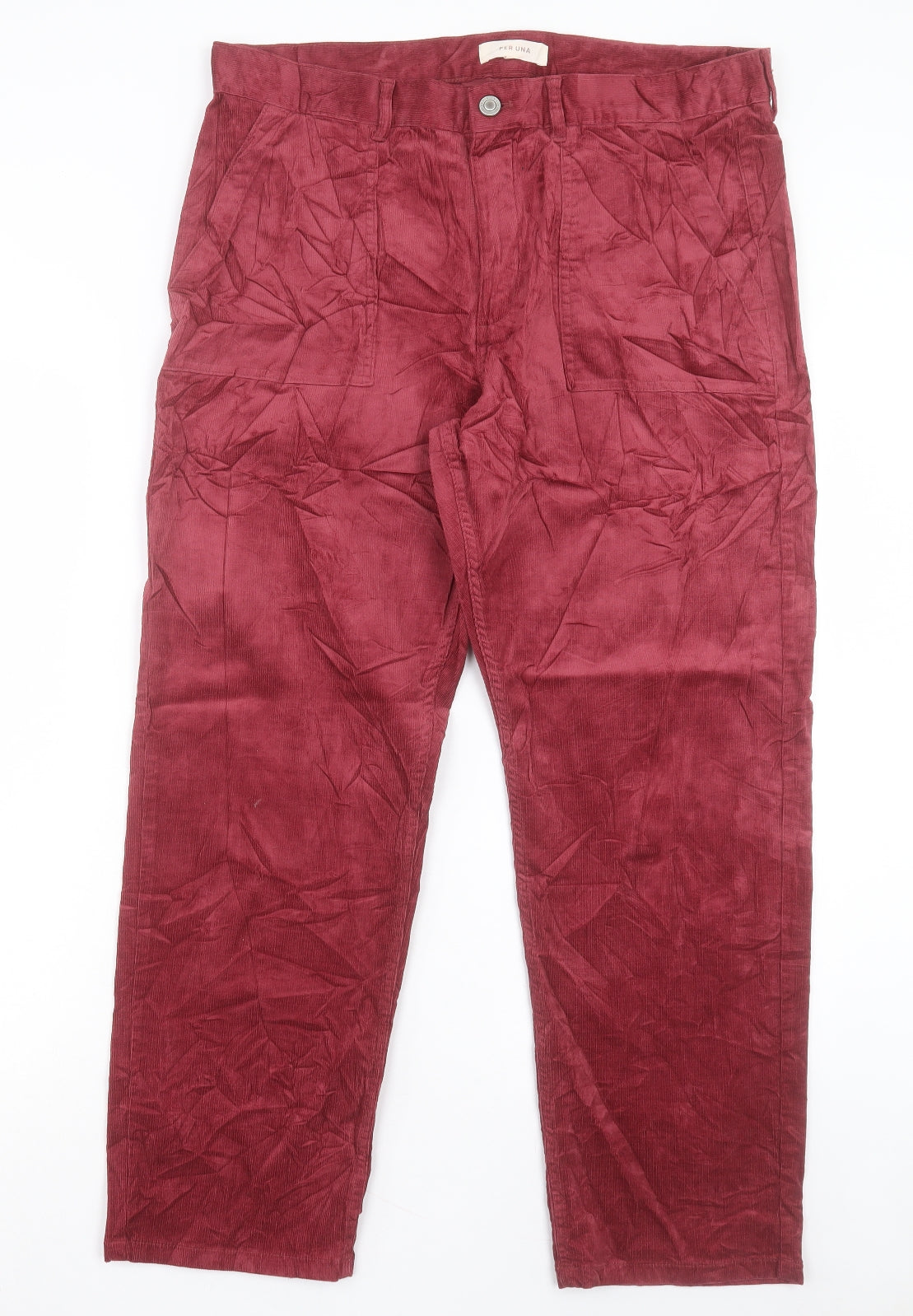 Per Una Womens Red Cotton Straight Jeans Size 18 L28 in Regular Button - Ankle Grazer