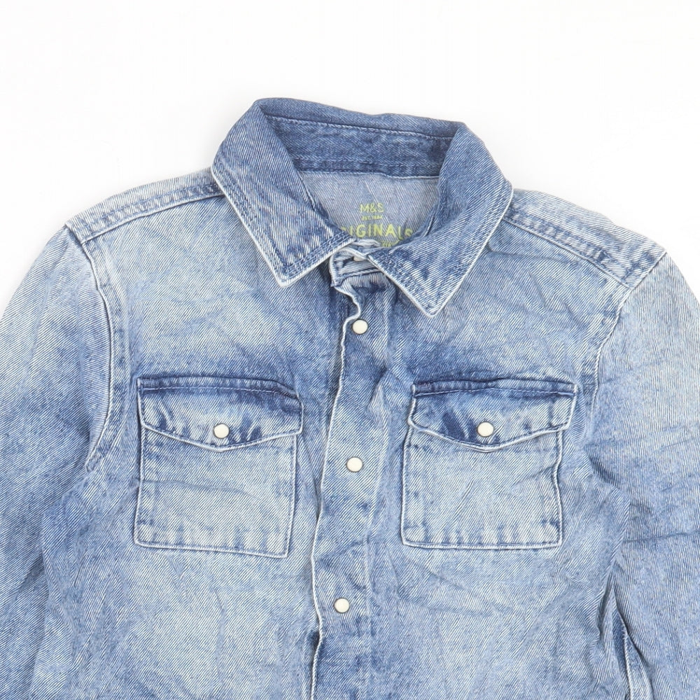 Marks and Spencer Girls Blue Cotton Basic Button-Up Size 9-10 Years Collared Button