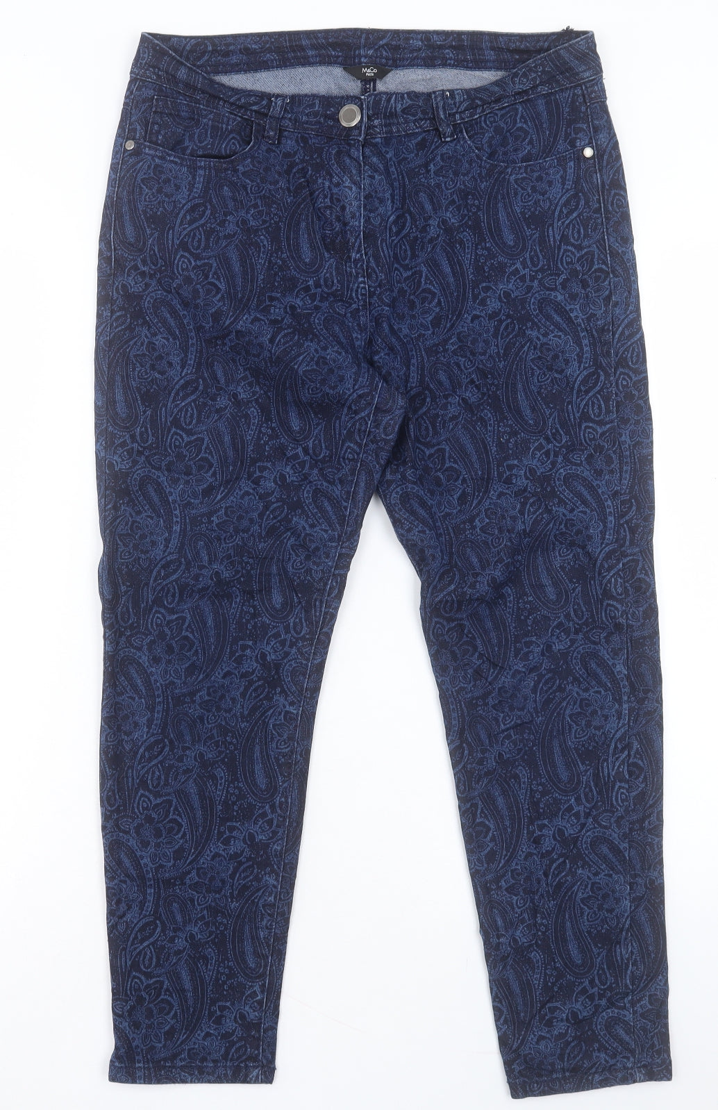 M&Co Womens Blue Paisley Cotton Skinny Jeans Size 12 L25 in Regular Button