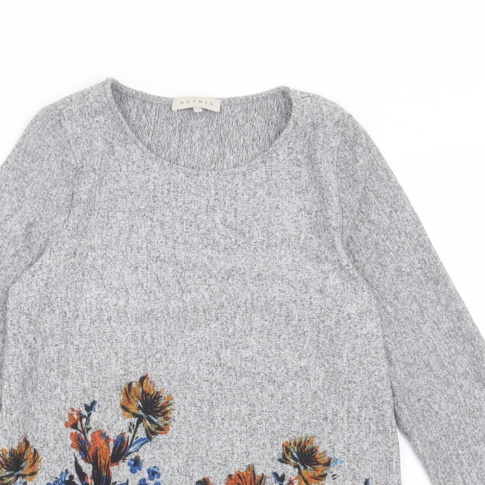Nutmeg Womens Grey Floral Polyester A-Line Size 12 Crew Neck Pullover