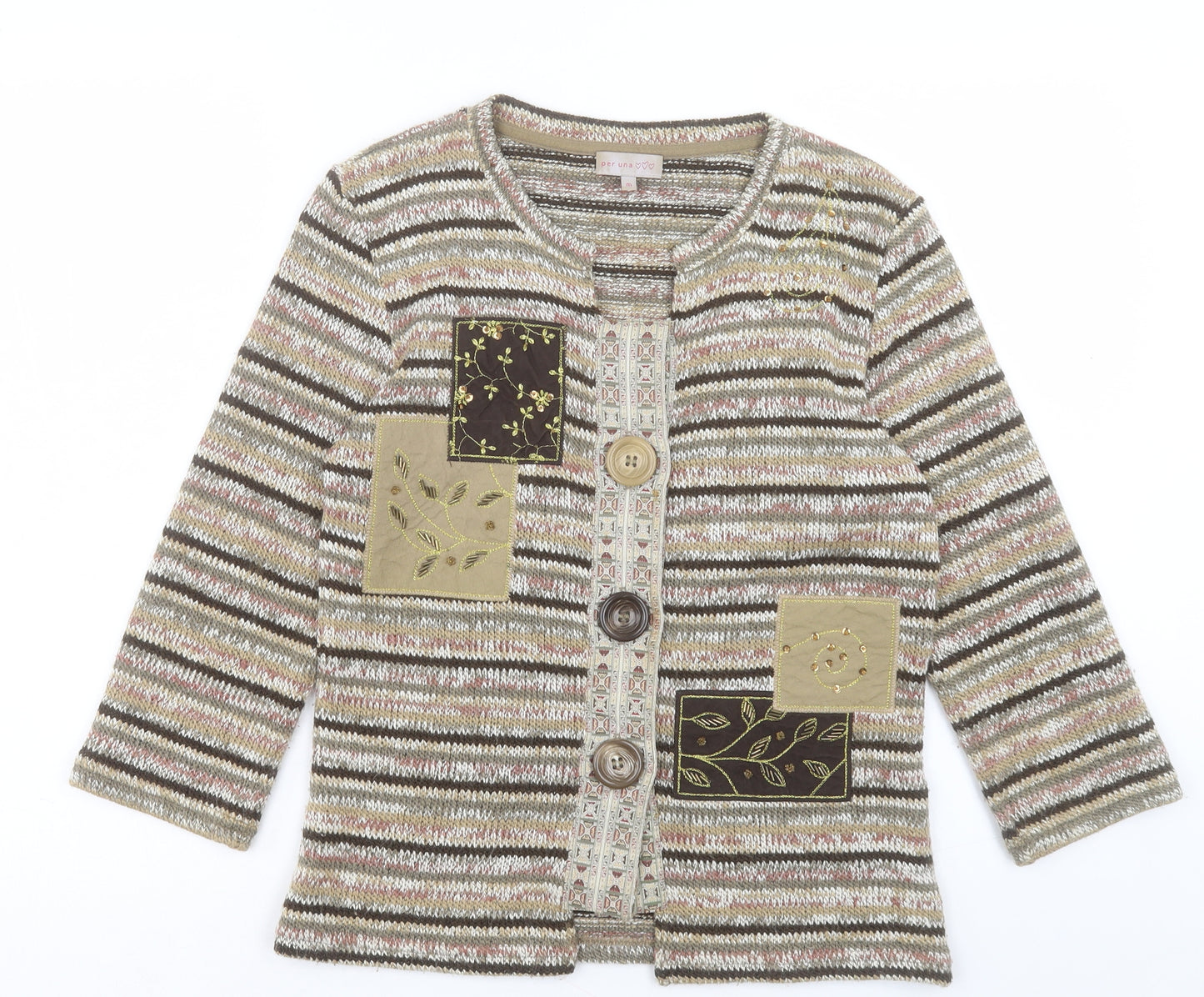 Per Una Womens Brown V-Neck Striped Acrylic Cardigan Jumper Size M