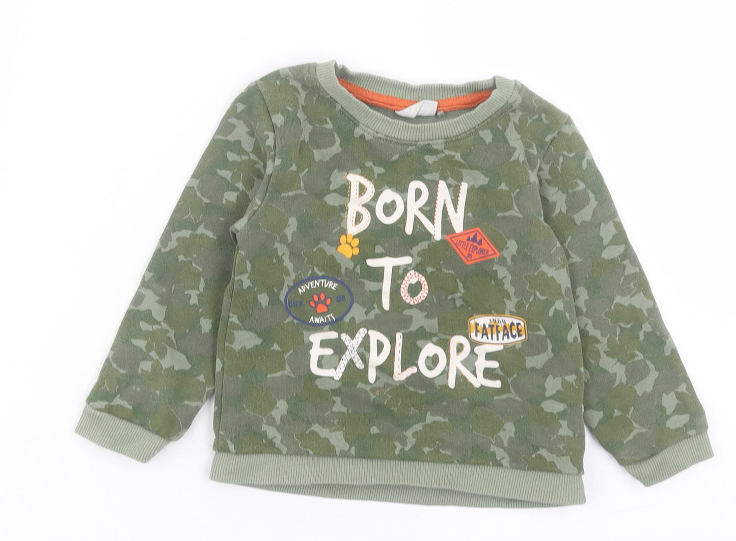 Fat Face Boys Green Camouflage Cotton Pullover Jumper Size 12-18 Months Pullover - Born To Explore