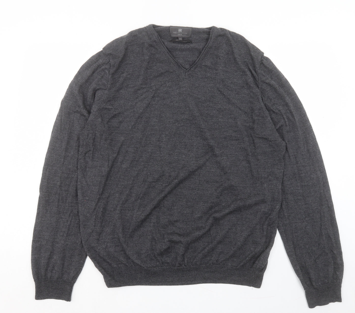 Marks and Spencer Mens Grey V-Neck Wool Pullover Jumper Size 2XL