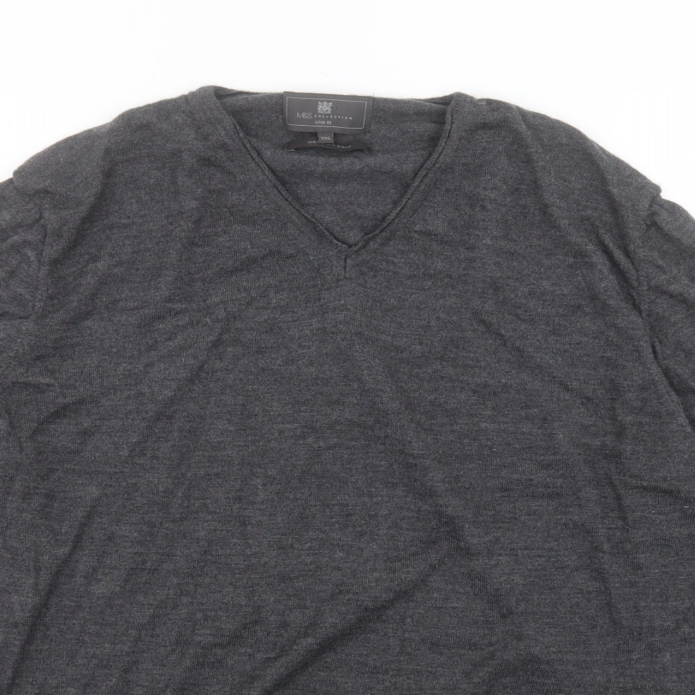 Marks and Spencer Mens Grey V-Neck Wool Pullover Jumper Size 2XL