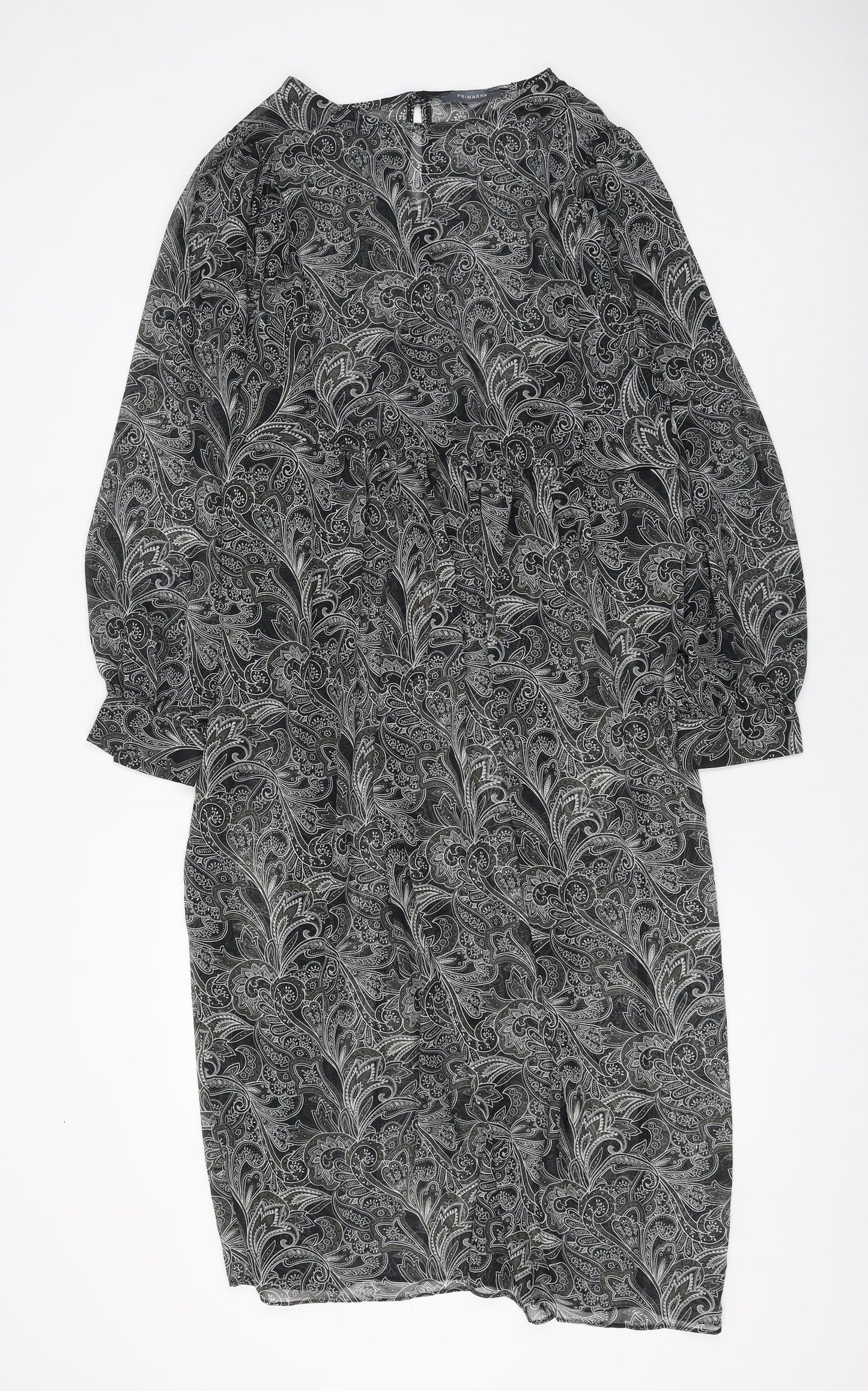 Primark Womens Grey Paisley Polyester Maxi Size 18 Round Neck Button