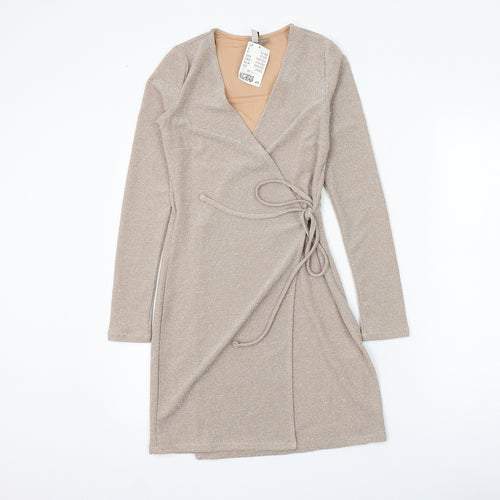H&M Womens Gold Polyamide Wrap Dress Size XS V-Neck Tie