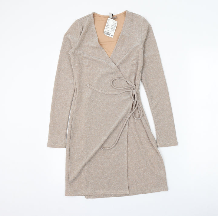 H&M Womens Gold Polyamide Wrap Dress Size XS V-Neck Tie