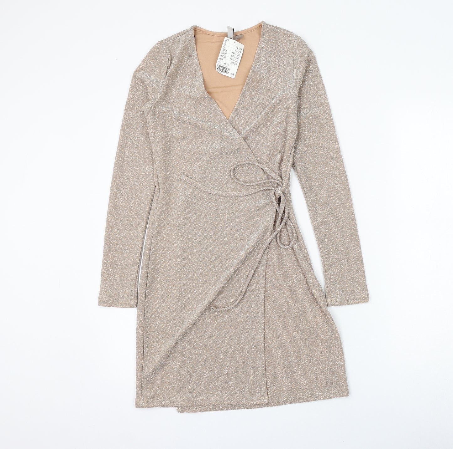 H&M Womens Gold Polyamide Wrap Dress Size XS V-Neck Tie