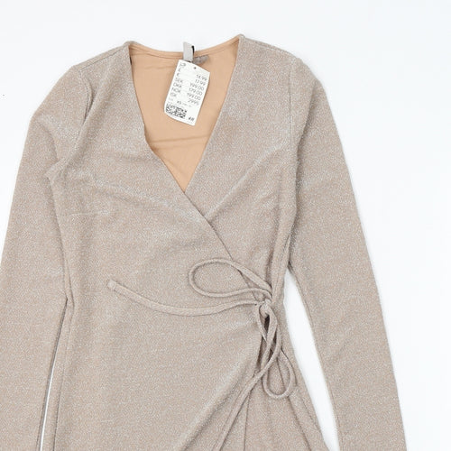 H&M Womens Gold Polyamide Wrap Dress Size XS V-Neck Tie
