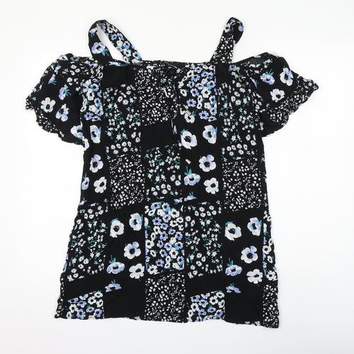 Dorothy Perkins Womens Black Floral Viscose Basic Blouse Size 10 Square Neck