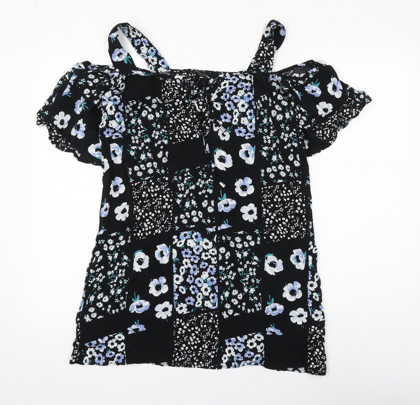 Dorothy Perkins Womens Black Floral Viscose Basic Blouse Size 10 Square Neck