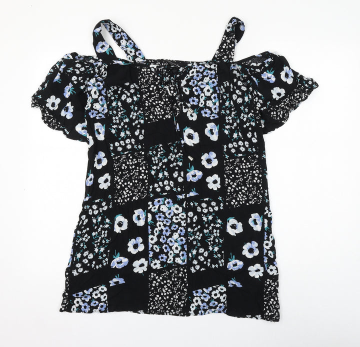 Dorothy Perkins Womens Black Floral Viscose Basic Blouse Size 10 Square Neck
