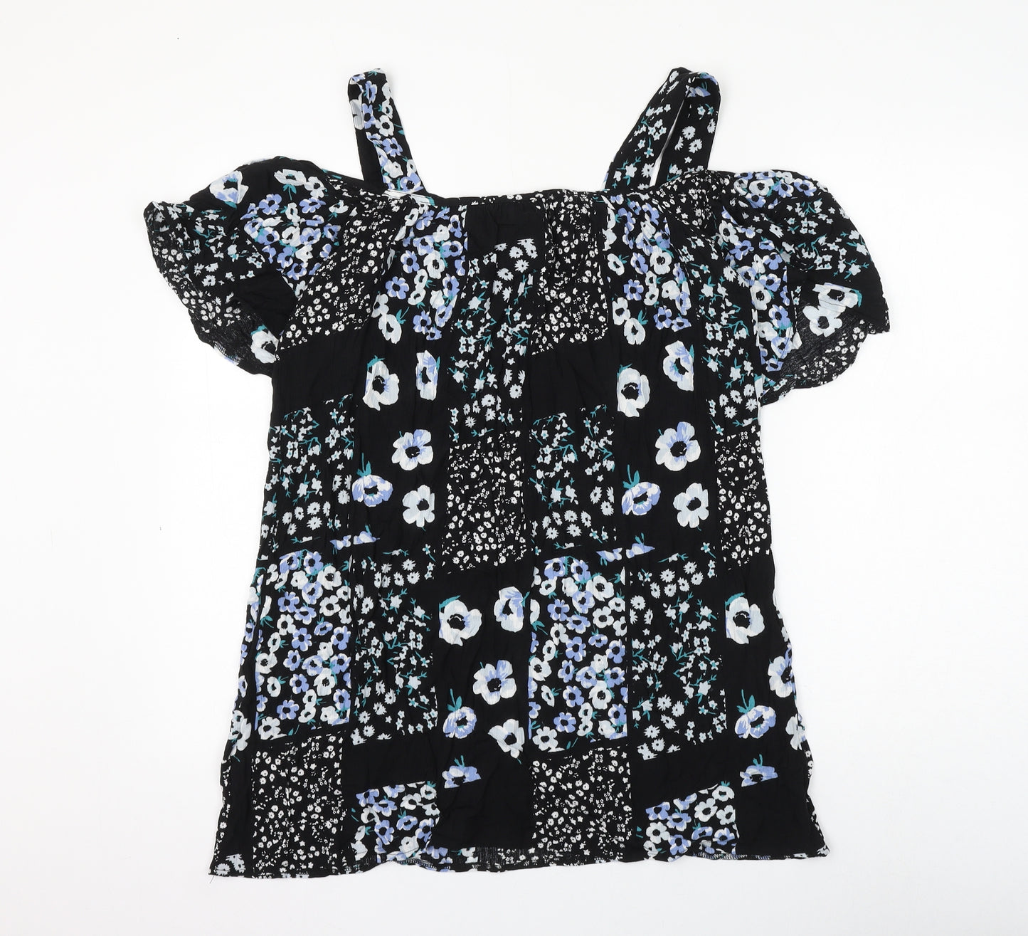 Dorothy Perkins Womens Black Floral Viscose Basic Blouse Size 10 Square Neck