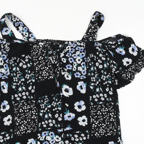 Dorothy Perkins Womens Black Floral Viscose Basic Blouse Size 10 Square Neck