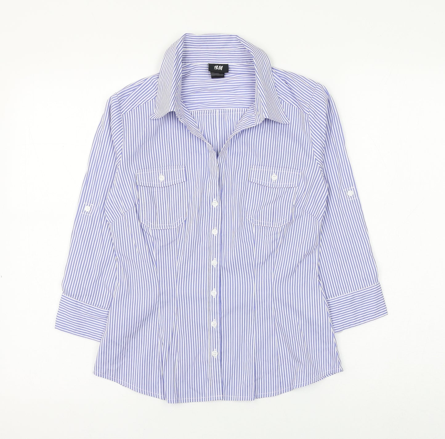 H&M Womens Blue Striped Polyester Basic Button-Up Size 6 Collared
