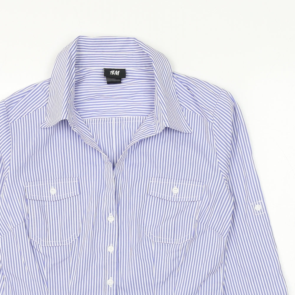 H&M Womens Blue Striped Polyester Basic Button-Up Size 6 Collared