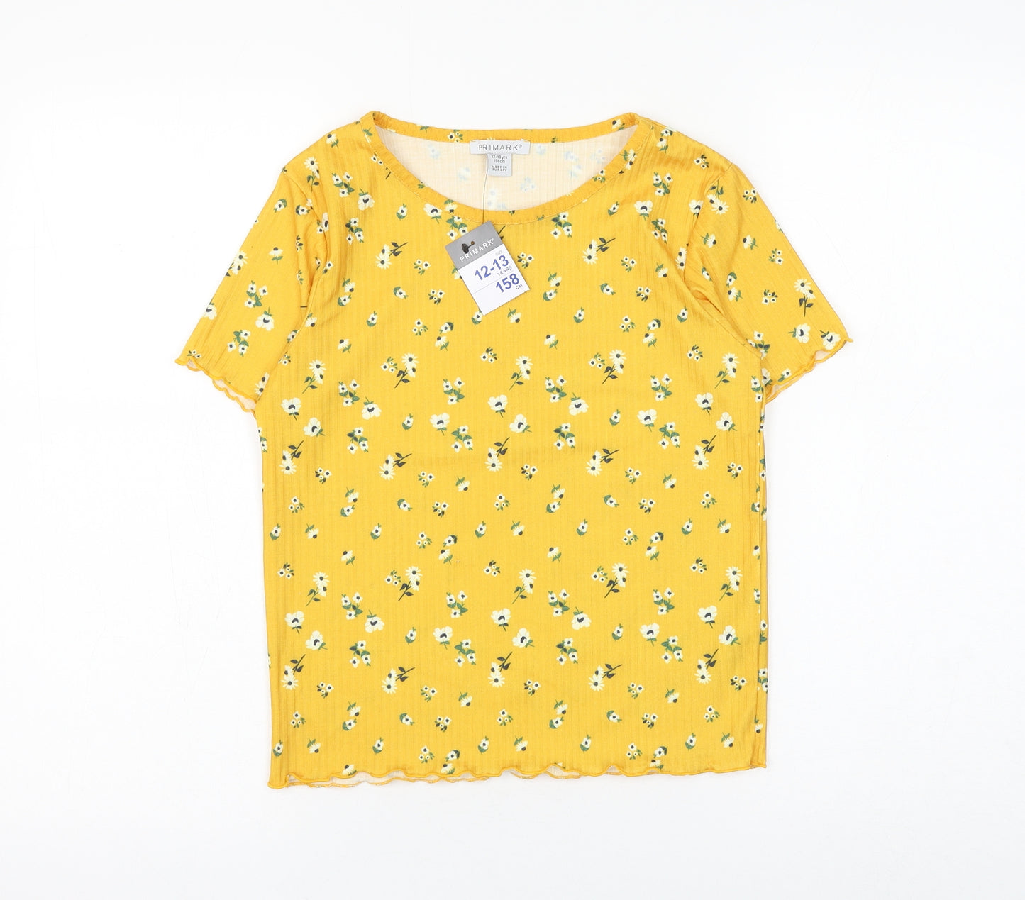 Primark Girls Yellow Floral Polyester Basic T-Shirt Size 12-13 Years Round Neck Pullover