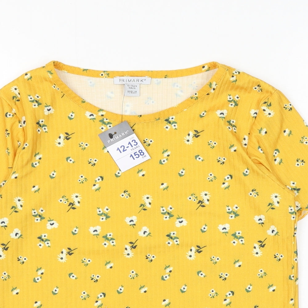 Primark Girls Yellow Floral Polyester Basic T-Shirt Size 12-13 Years Round Neck Pullover