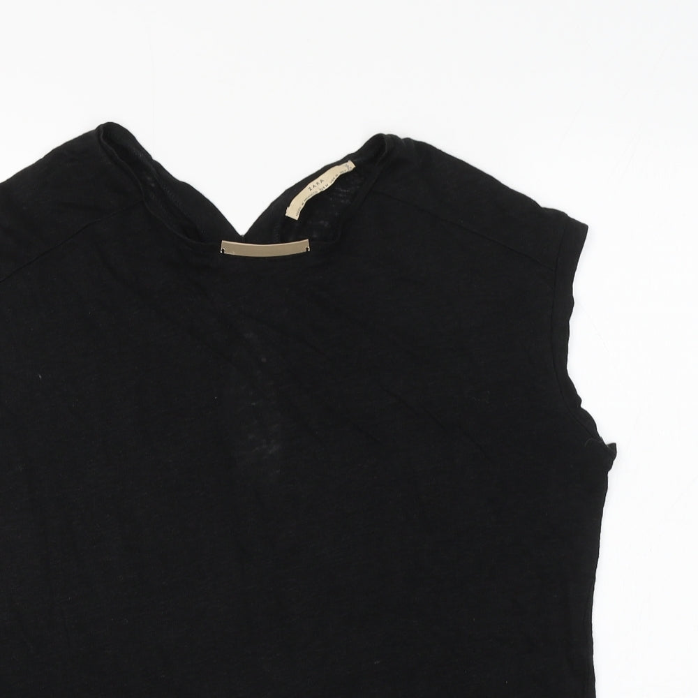 Zara Womens Black Polyester Basic Blouse Size M Round Neck - Cut Out Back