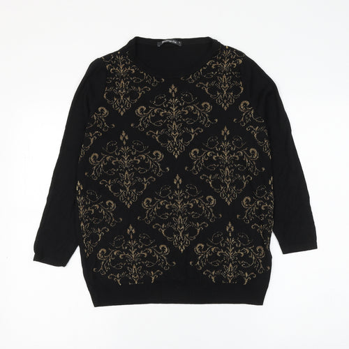 Bonmarché Womens Black Round Neck Geometric Viscose Pullover Jumper Size S