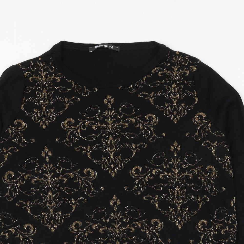 Bonmarché Womens Black Round Neck Geometric Viscose Pullover Jumper Size S