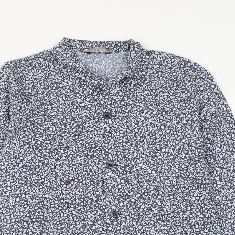 Marks and Spencer Womens Blue Floral Polyester Basic Button-Up Size S Collared