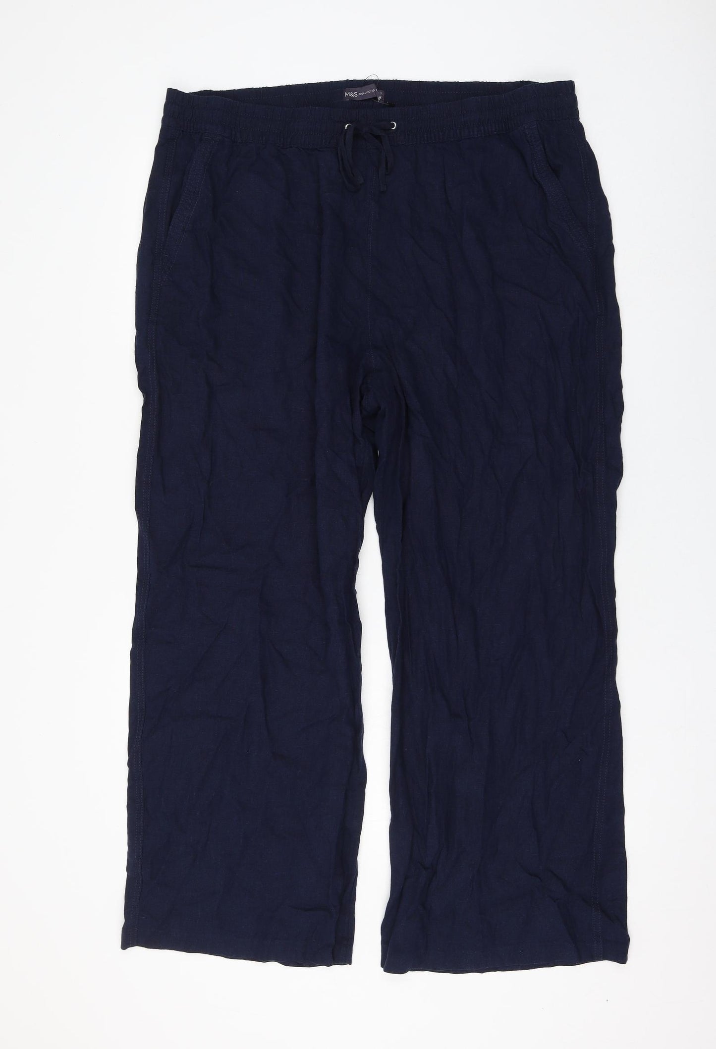 Marks and Spencer Womens Blue Linen Trousers Size 20 L27 in Regular Drawstring