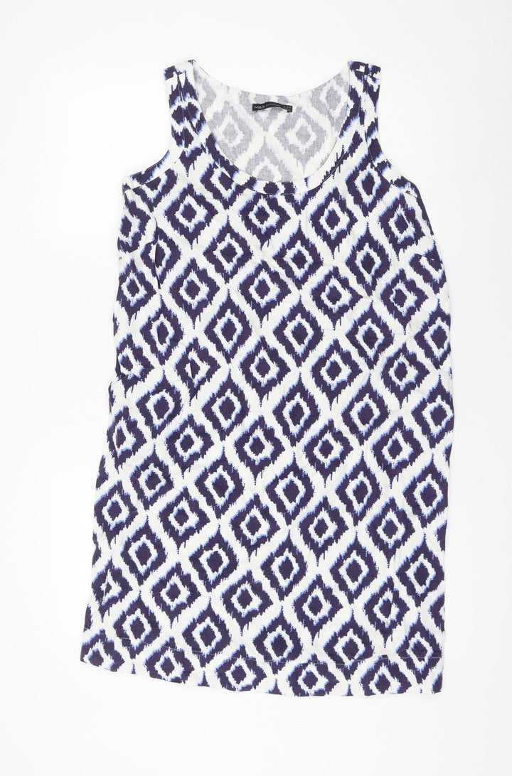 Marks and Spencer Womens Blue Geometric Flax Shift Size 10 Round Neck Pullover