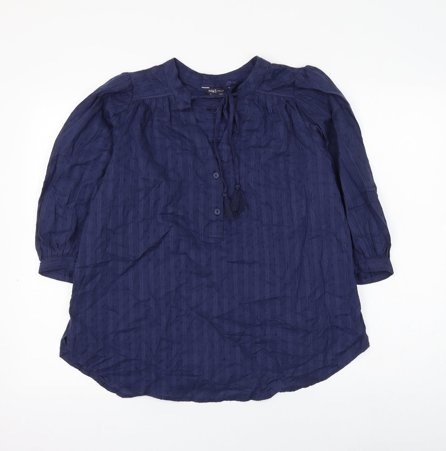 Marks and Spencer Womens Blue Cotton Basic Blouse Size 8 V-Neck