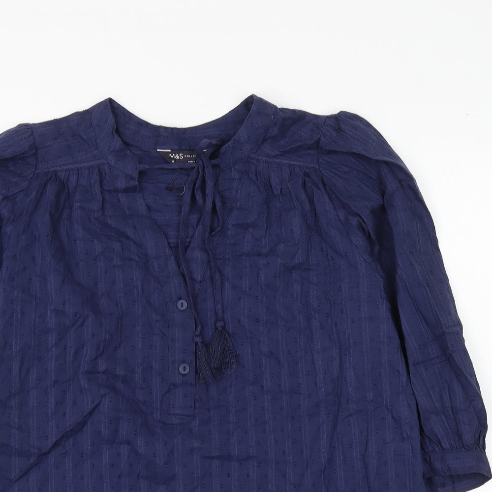 Marks and Spencer Womens Blue Cotton Basic Blouse Size 8 V-Neck