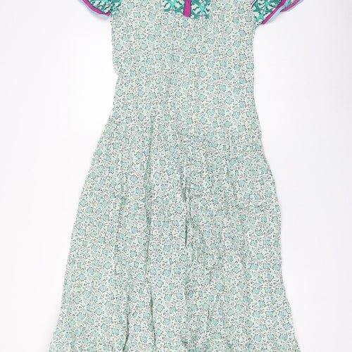 Marks and Spencer Womens Green Floral Cotton Maxi Size 6 V-Neck Tie
