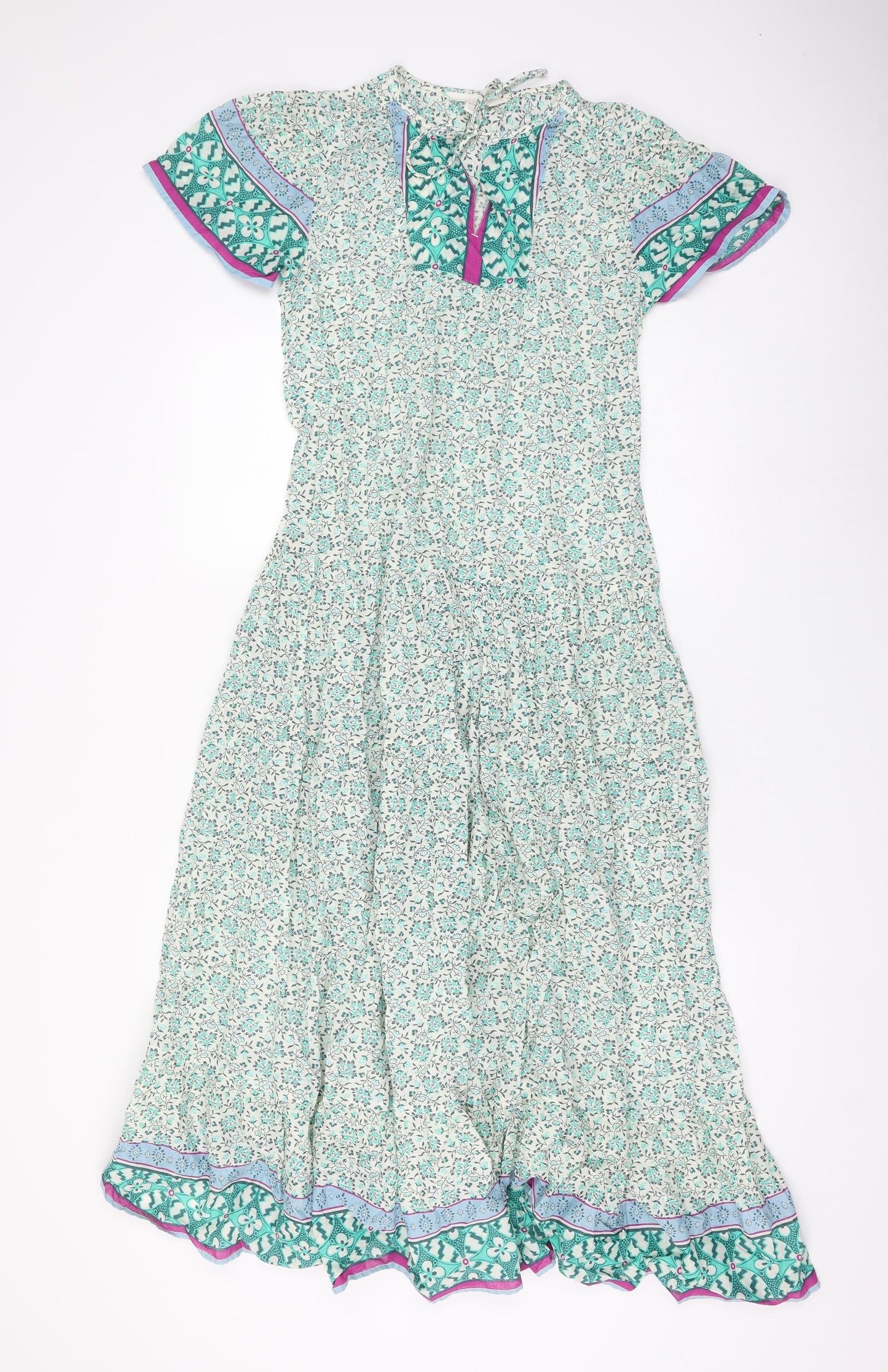 Marks and Spencer Womens Green Floral Cotton Maxi Size 6 V-Neck Tie