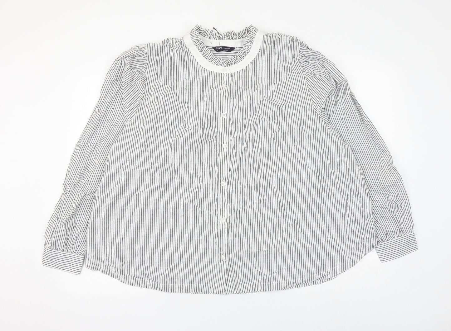 Marks and Spencer Womens Grey Striped Cotton Basic Button-Up Size 22 Round Neck