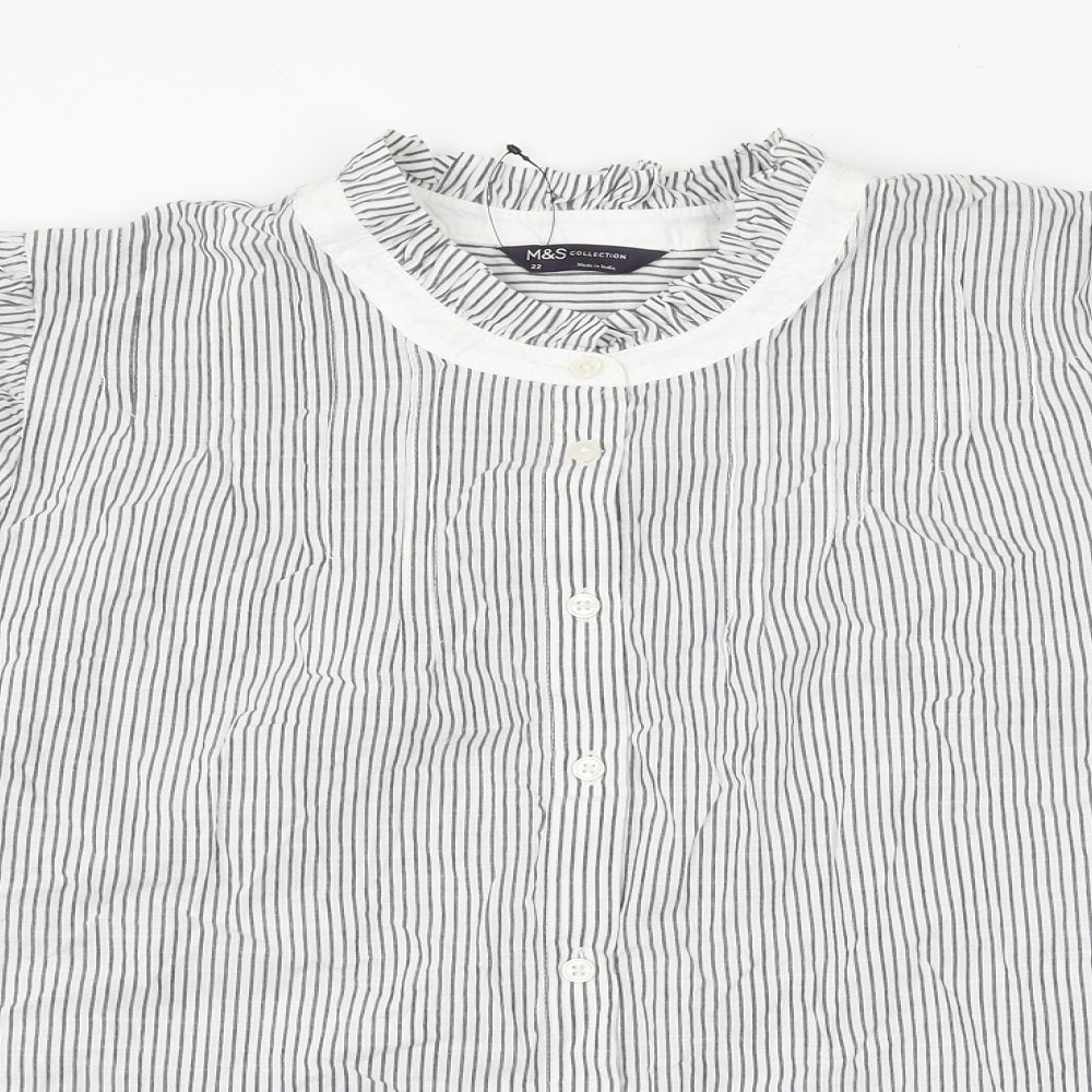 Marks and Spencer Womens Grey Striped Cotton Basic Button-Up Size 22 Round Neck