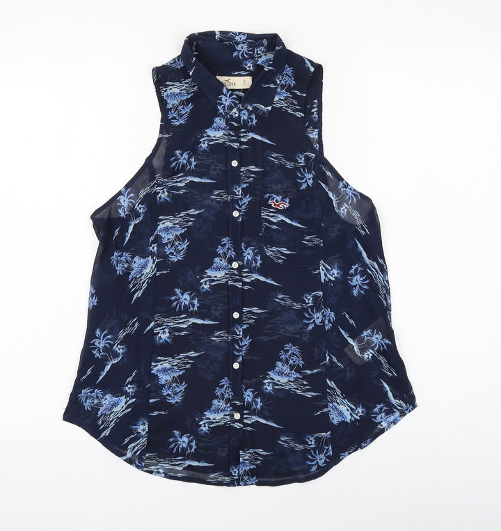 Hollister Womens Blue Geometric Polyester Basic Button-Up Size S Collared - Palm Tree